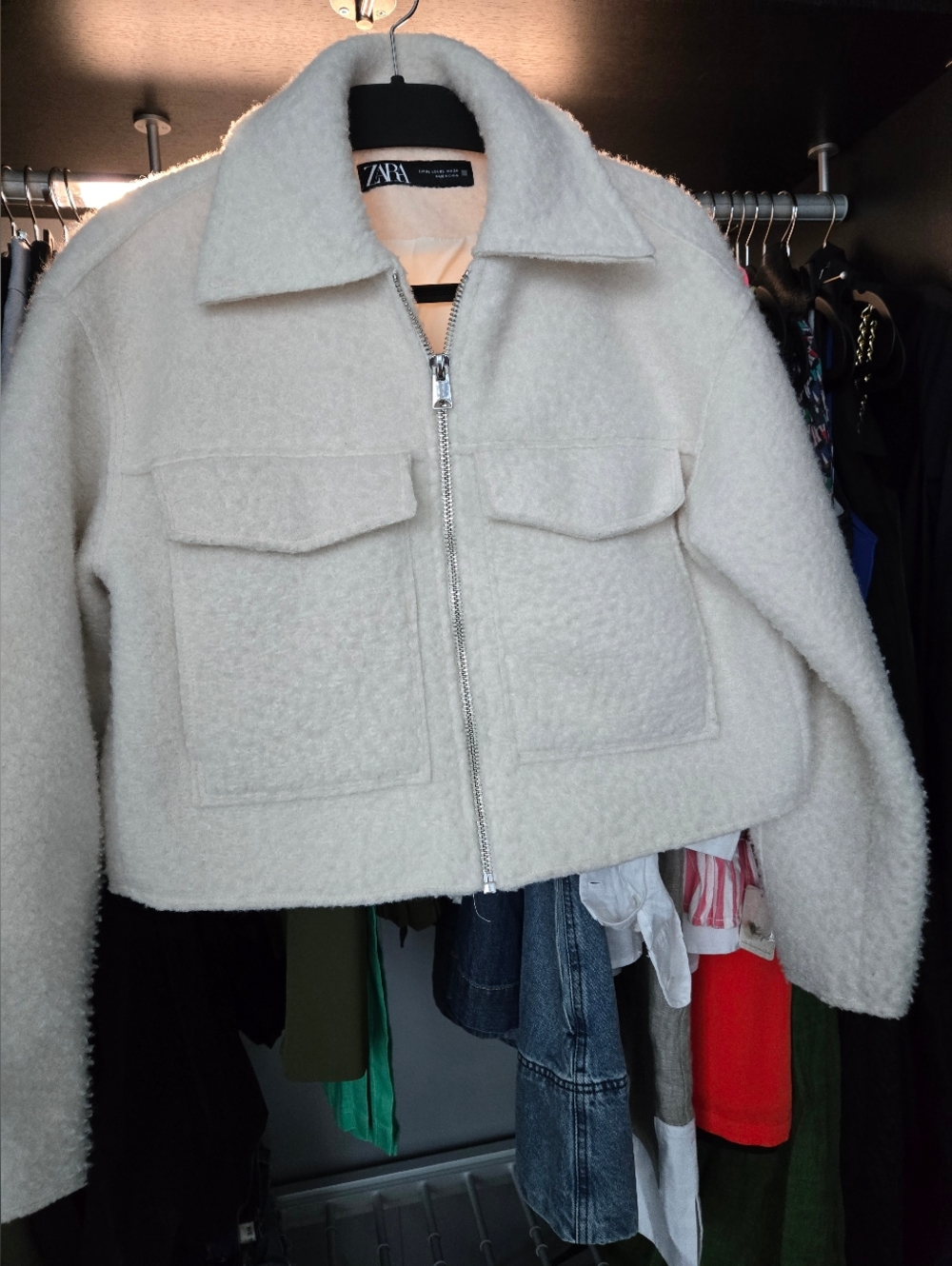 Zara Cream Textured Teddy Zip Jacket